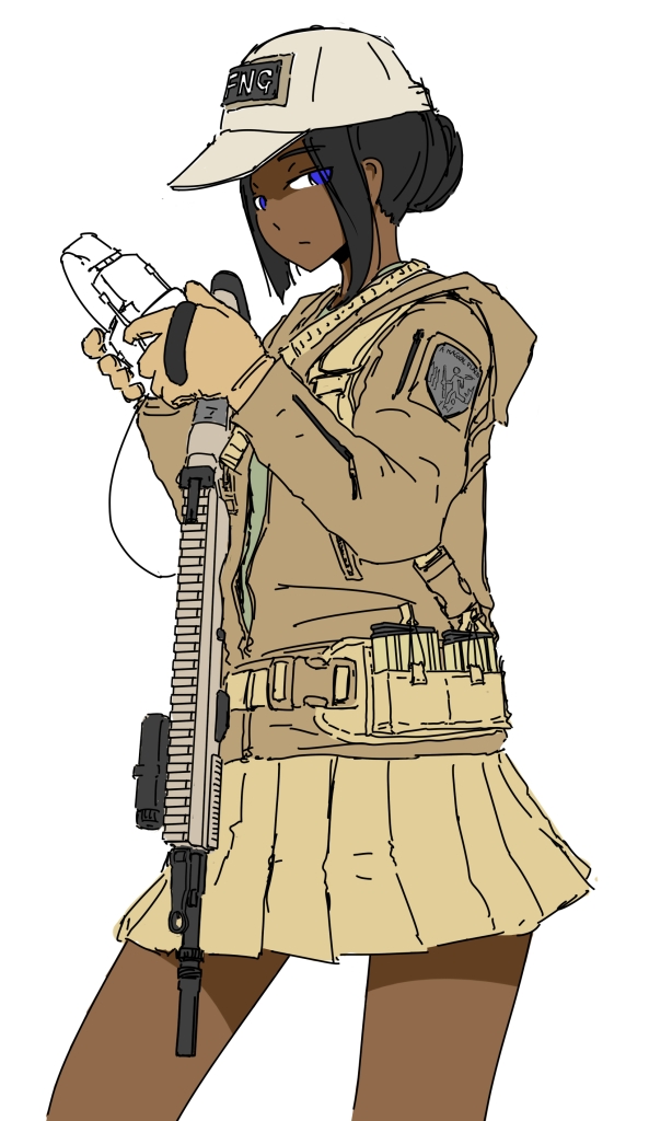 /k/, 1girl, baseball_cap, blue_eyes, commentary, dark_skin, gloves, gun