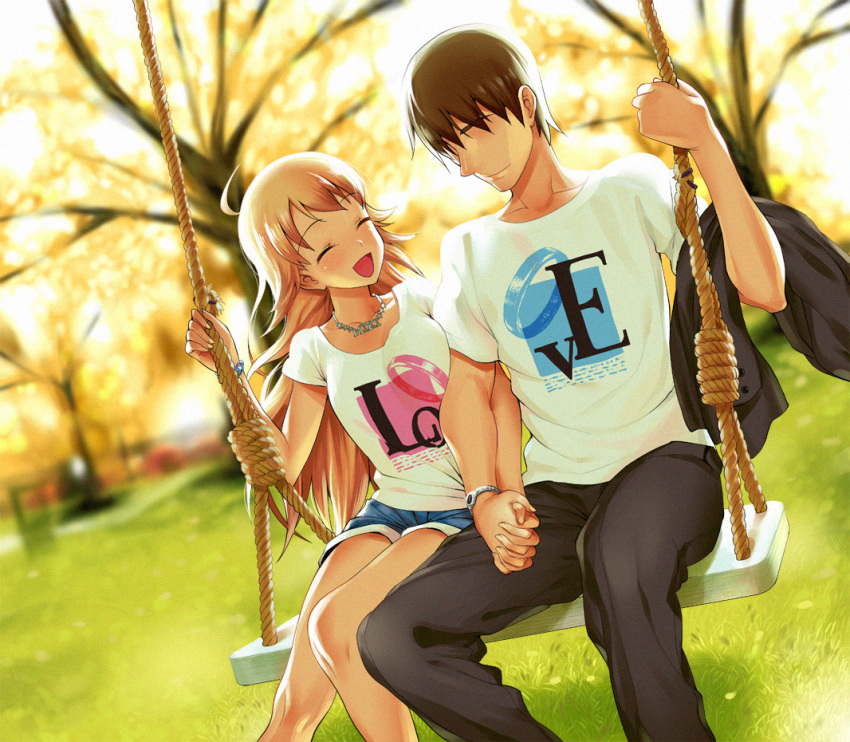 1girl, bad_id, blonde_hair, blush, closed_eyes, couple, hand_holding, happy, holding_hands, hoshii_miki, idolmaster, long_hair, lunch_(artist), no_eyes, producer_(idolmaster), shorts, swing, swinger