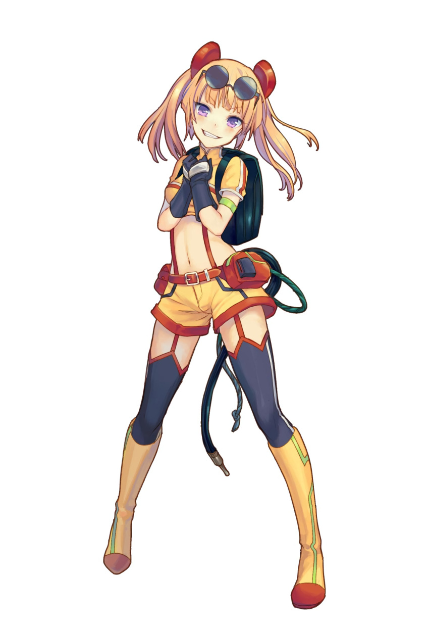 1girl, arm_strap, backpack, bag, boots, garter_straps, glasses, gloves, grin, hands_together, highres, kaitou_striker, long_hair, looking_at_viewer, midriff, mizutoumi_(graphic_loops), navel, official_art, round_glasses, short_sleeves, shorts, simple_background, smile, solo, sunglasses, suspenders, thigh-highs, toys_drive, twintails, violet_eyes, white_background