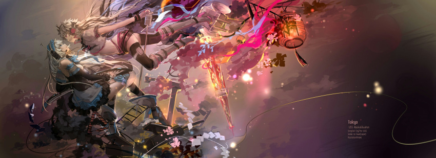 2girls, absurdres, alaska_(zhan_jian_shao_nyu), artist_name, black_legwear, boots, cannon, character_name, commentary_request, crop_top, detached_sleeves, english, engrish, fingerless_gloves, floating, frilled_skirt, frills, from_side, gloves, guam_(zhan_jian_shao_nyu), headphones, high_heels, highres, instrument, keyboard_(instrument), knee_boots, lantern, long_hair, long_sleeves, looking_at_another, machinery, maid, maid_headdress, microphone, microphone_stand, multiple_girls, paper_lantern, ranguage, shirt, short_sleeves, shorts, skirt, standing, striped, striped_legwear, text, thigh-highs, tokyo_tower, torii, turret, white_gloves, white_hair, white_shirt, yi_yu, zhan_jian_shao_nyu