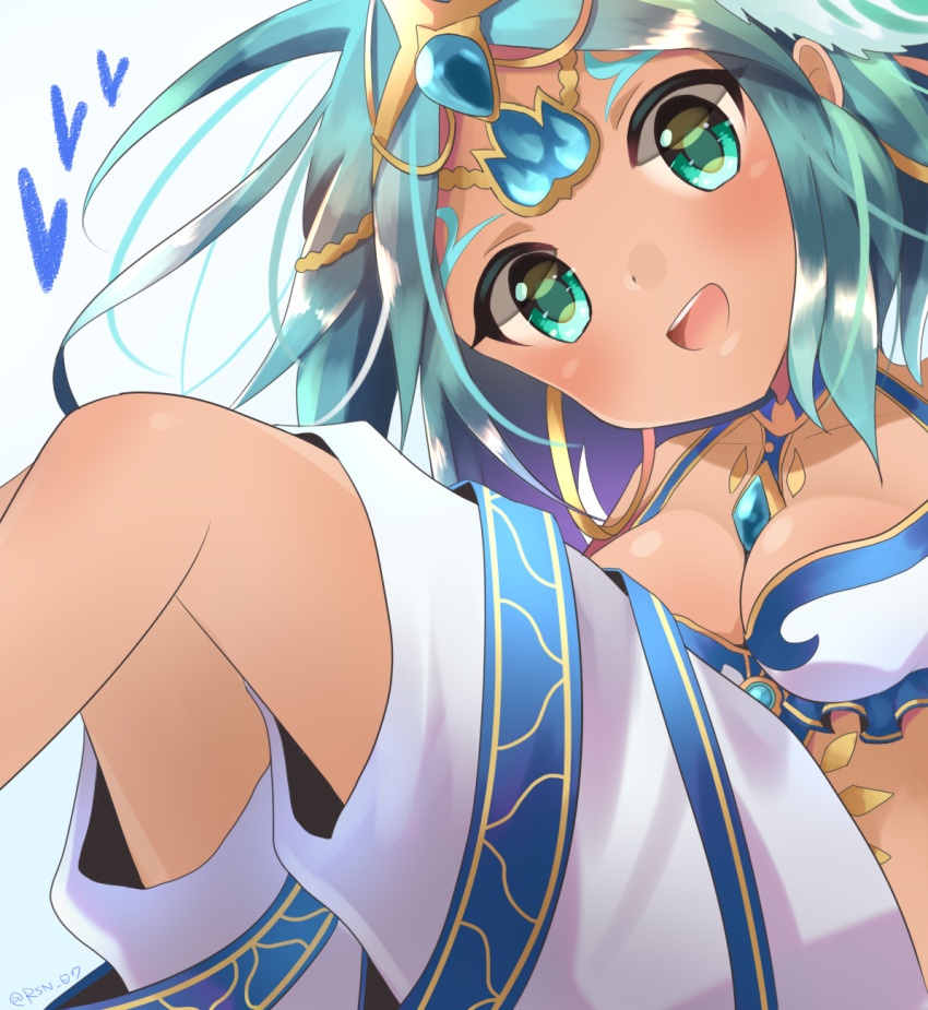 1girl, :d, aqua_eyes, aqua_hair, between_breasts, breasts, cleavage, dark_skin