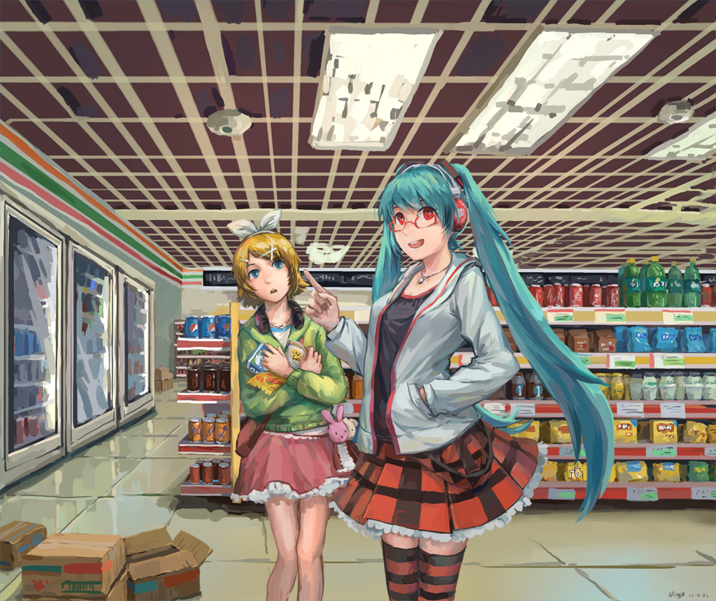 2girls, 7-eleven, aqua_hair, blonde_hair, box, cardboard_box, hair_ornament, hand_in_pocket