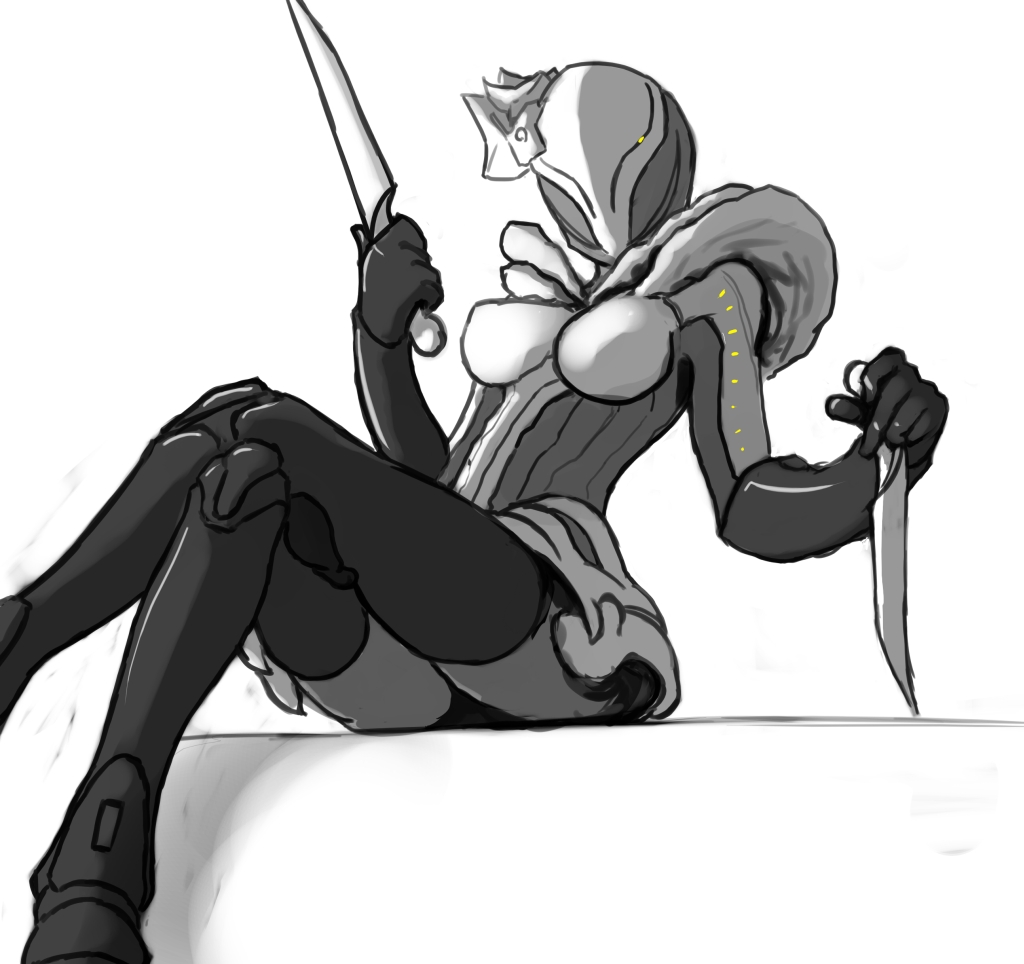 1girl, black_gloves, black_legwear, commentary, crossed_legs, gloves, greyscale, helmet