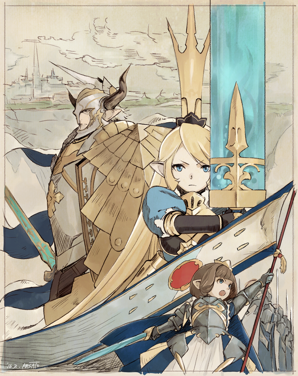 >:(, >:o, 1boy, 2016, 2girls, :o, armor, armored_dress, artist_name, banner, baotorda, blonde_hair, blue_dress, blue_eyes, breastplate, brigette_(granblue_fantasy), brown_hair, castle, charlotta_(granblue_fantasy), closed_mouth, clouds, crown, dated, doraf, dress, frown, gauntlets, granblue_fantasy, harbin, helmet, highres, holding, holding_sword, holding_weapon, horns, huge_weapon, knight, long_hair, masato_(mirai_koubou), multiple_girls, open_mouth, pointy_ears, puffy_short_sleeves, puffy_sleeves, short_hair, short_sleeves, sword, weapon