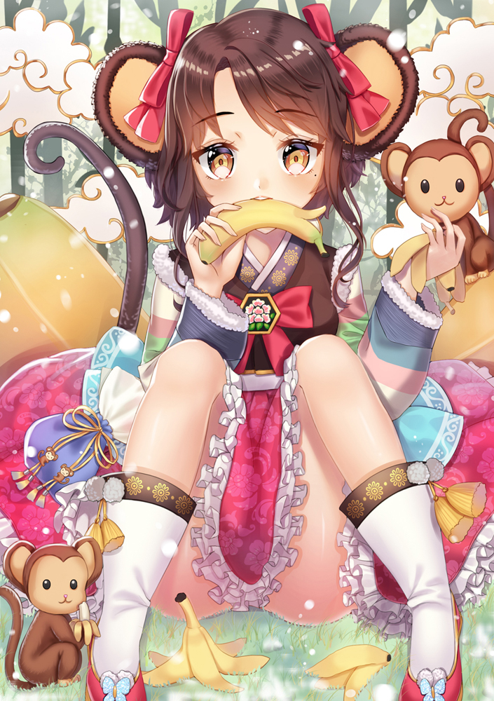 1girl, ass, banana, brown_eyes, brown_hair, clouds, eating, food, frilled_skirt, frills, fruit, fur_trim, hair_ribbon, looking_at_viewer, mole, mole_under_eye, monkey, monkey_ears, monkey_tail, new_year, ribbon, short_hair, sita_vilosa, sitting, skirt, sword_girls, xlavhzhr04