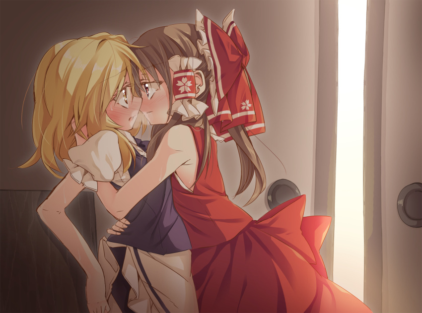 2girls, :o, blonde_hair, blush, bow, bowtie, breath, brown_hair