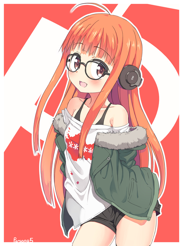 1girl, fur_collar, glasses, headphones, jacket, long_hair, open_mouth, orange_hair