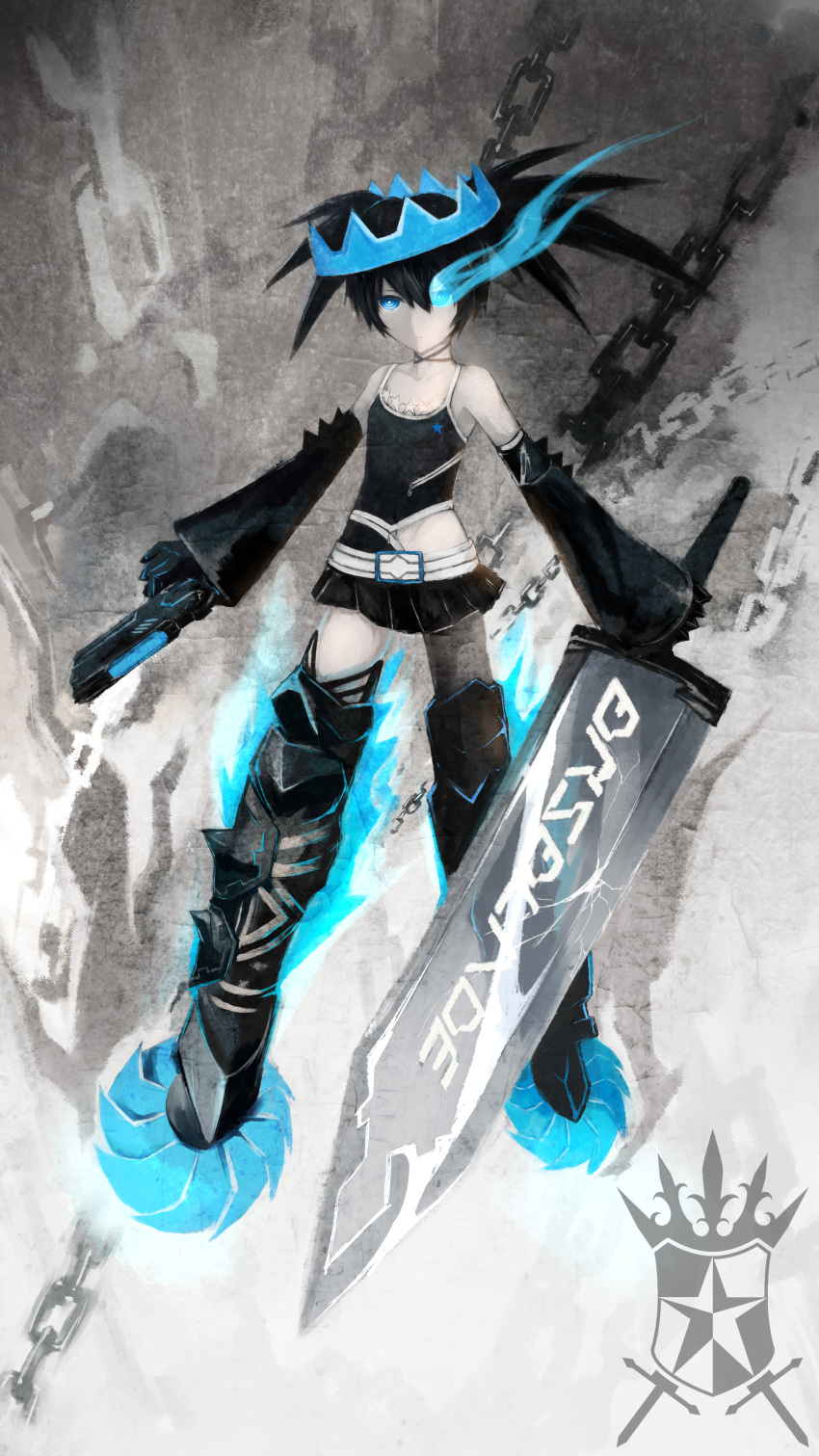1girl, absurdres, artist_request, black_hair, black_rock_shooter, black_rock_shooter_(character), black_rock_shooter_beast, blue_eyes