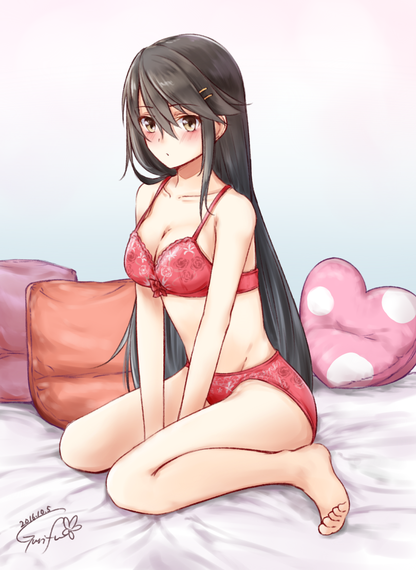 1girl, 2016, bad_feet, bare_arms, bare_legs, bed, bed_sheet, between_legs, black_hair, blush, bra, breasts, cushion, dated, from_side, gurifu, hair_between_eyes, hair_ornament, hairclip, hand_between_legs, haruna_(kantai_collection), kantai_collection, long_hair, looking_at_viewer, medium_breasts, midriff, red_bra, signature, sitting, solo, toes, underwear, underwear_only, yellow_eyes
