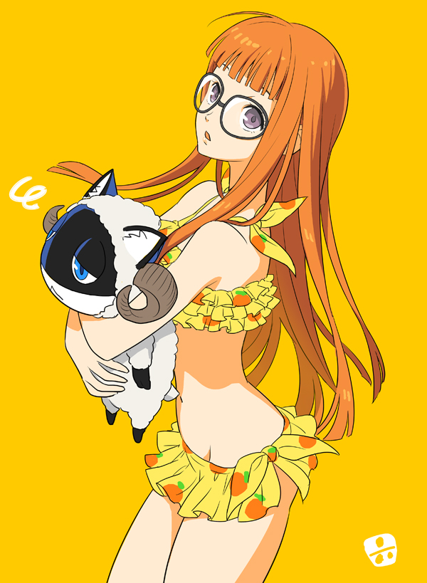 1girl, 1other, animal, animal_costume, atlus, bikini, bikini_skirt, cat