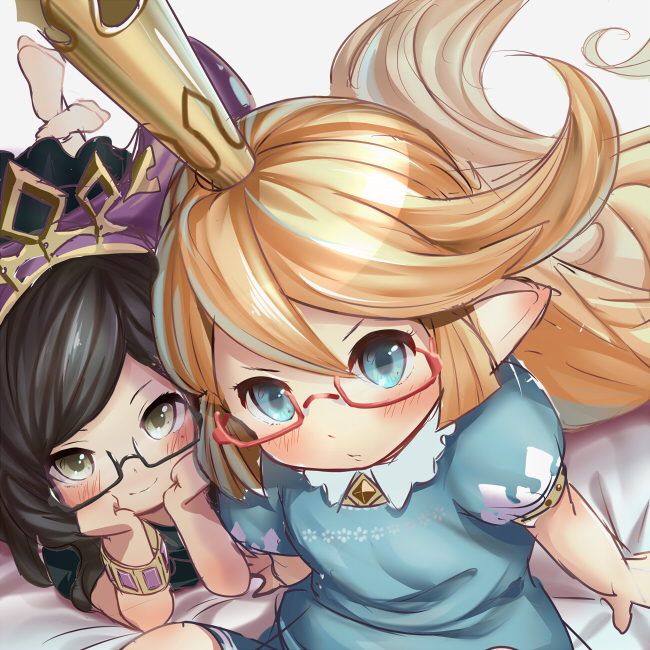2girls, arulumaya, bangs, bed_sheet, bespectacled, black-framed_eyewear, black_hair, blonde_hair