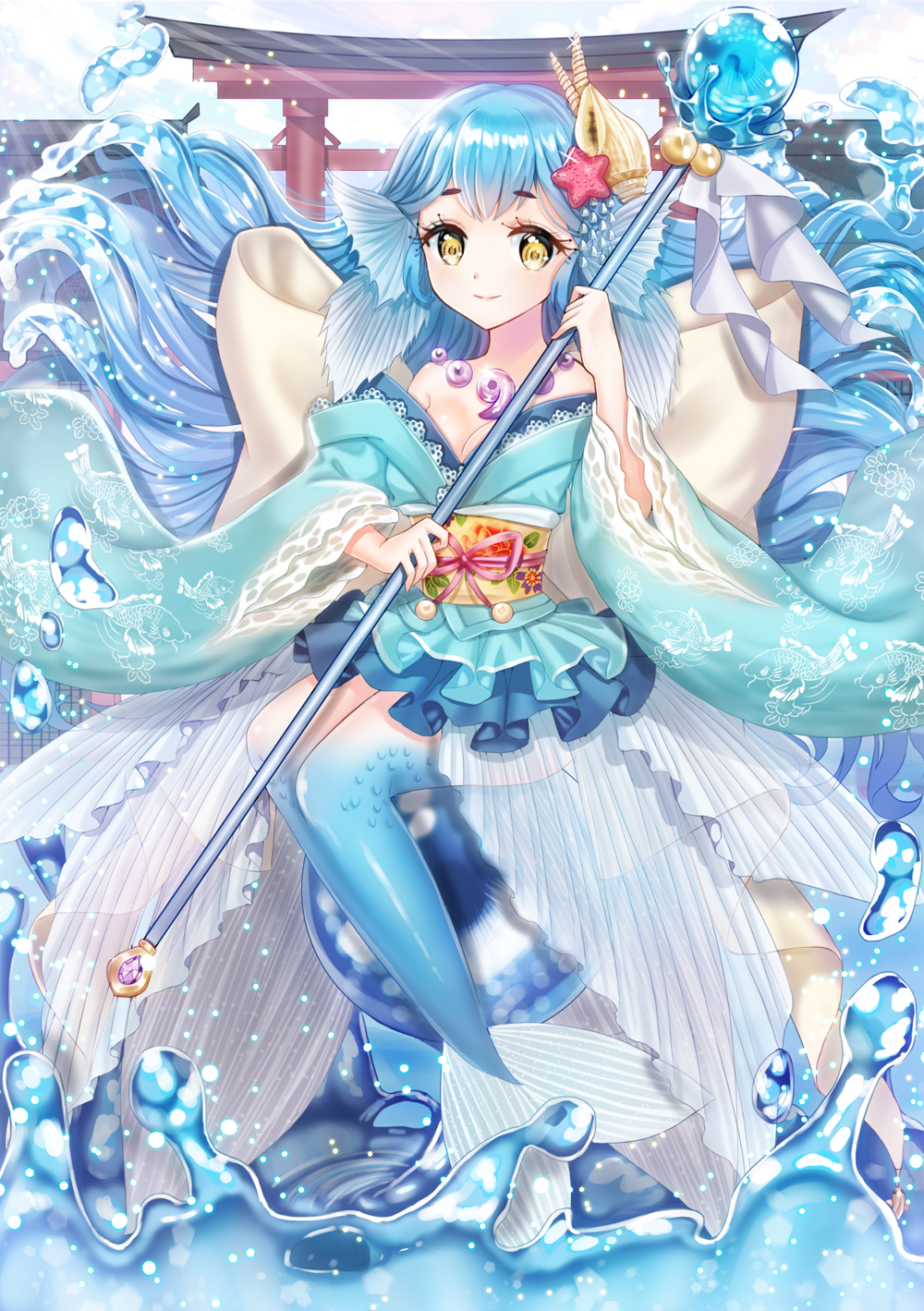 1girl, bare_shoulders, blue_hair, bow, breasts, cleavage, eyebrows, eyebrows_visible_through_hair