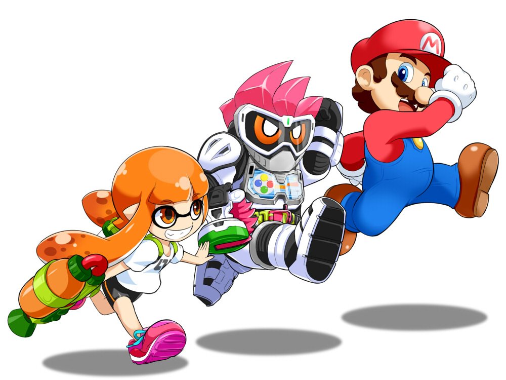 1girl, 2boys, belt, blue_eyes, facial_hair, female, gashacon_breaker, goggles