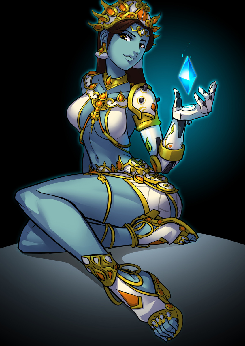 1girl, alternate_costume, blue_skin, breasts, choker, earrings, full_body, glowing, goddess_symmetra, headgear, high_heels, highres, jewelry, legs, looking_at_viewer, mole, overwatch, ryuusei_(mark_ii), sitting, solo, symmetra_(overwatch), under_boob, yellow_eyes