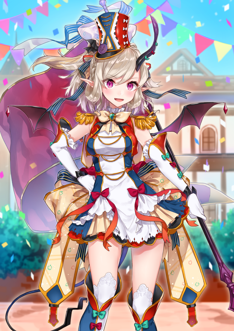 1girl, band_uniform, bangs, bat_wings, baton, black_legwear, blush, boots