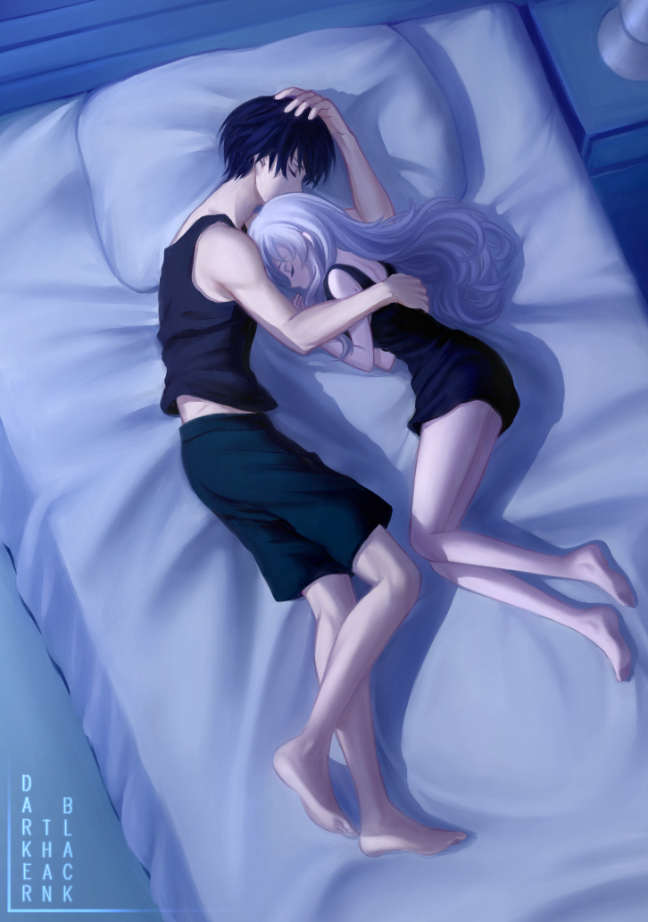 1boy, 1girl, bed, bedroom, black_hair, black_shirt, closed_eyes, copyright_name, darker_than_black, dine&amp;rita, from_above, hand_on_head, hei, indoors, long_hair, pillow, shirt, short_hair, shorts, silver_hair, sleeping, yin