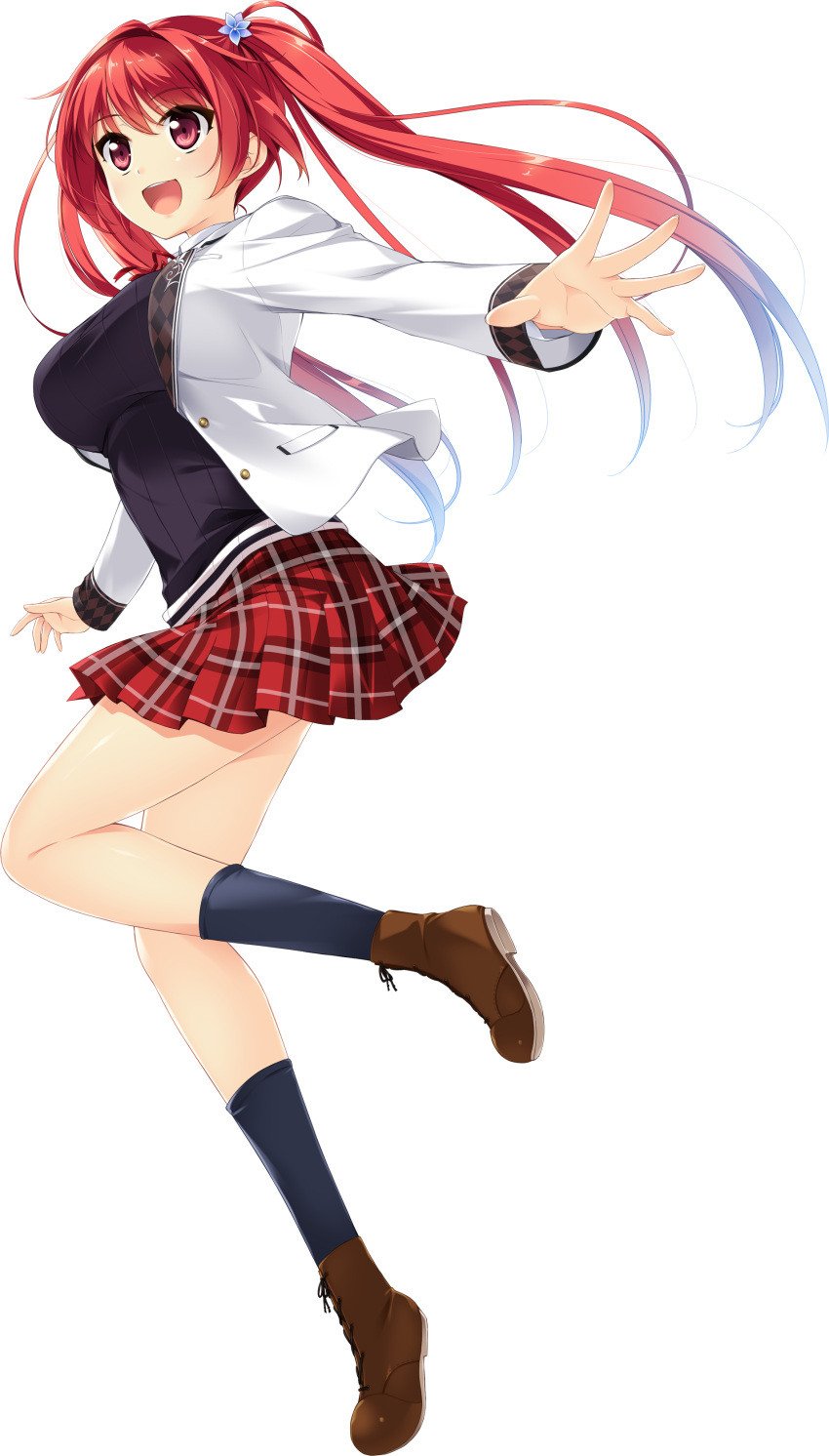 1girl, absurdres, black_hair, blue_flower, eyebrows, eyebrows_visible_through_hair, flower, full_body