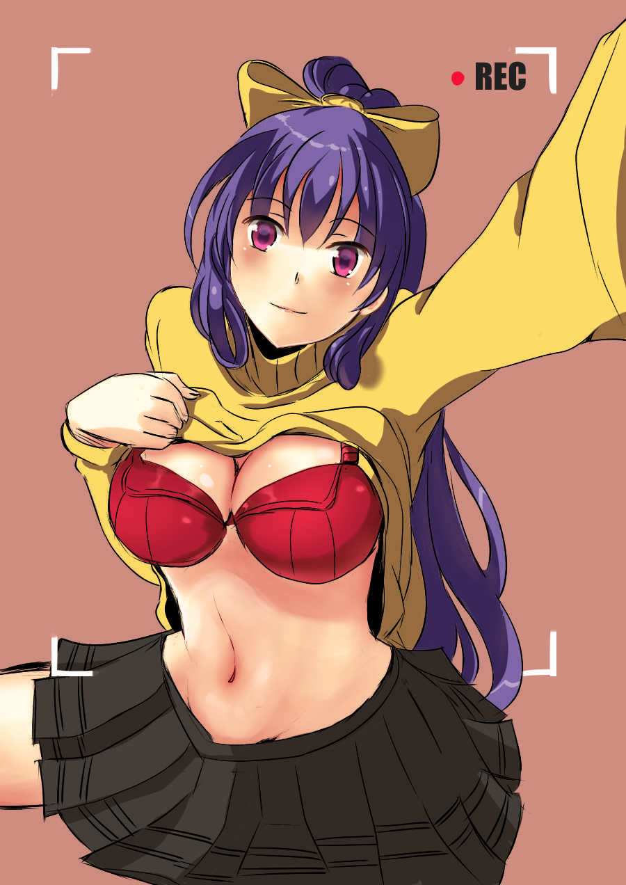 1girl, blazblue, blazblue_remix_heart, blue_hair, blush, bow, bra, breasts