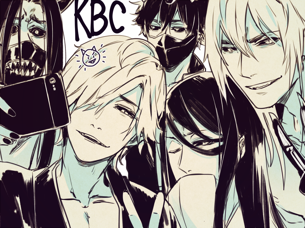 5boys, black_sclera, cellphone, covered_mouth, enemy_naginata, enemy_ootachi, enemy_tachi, enemy_uchigatana