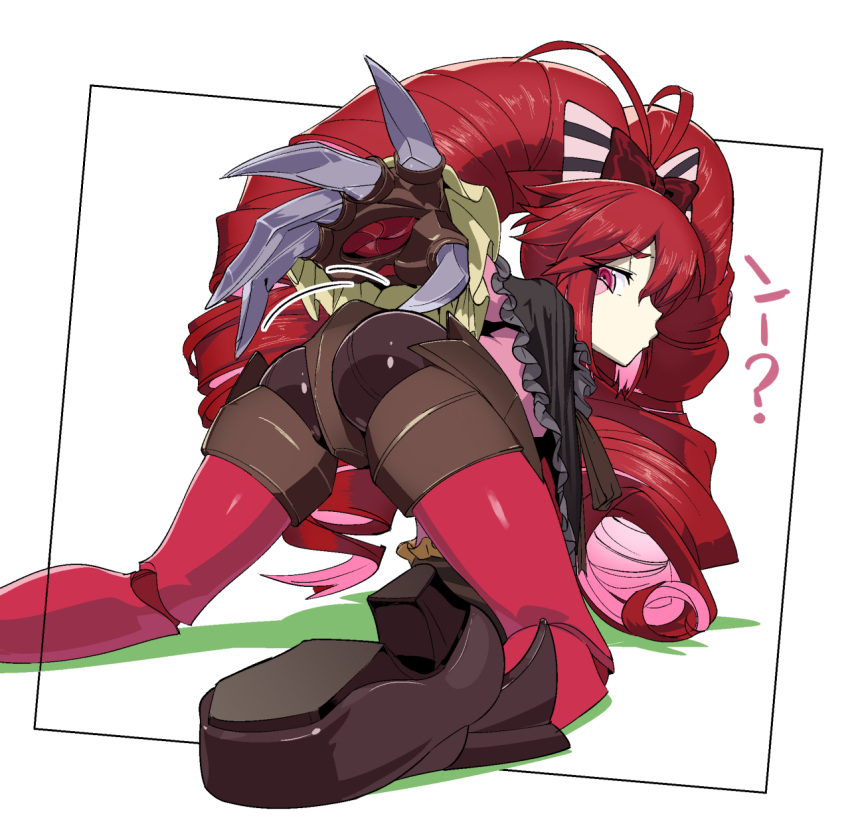 1girl, ?, akiot, all_fours, antenna_hair, ass, big_hair, blush_stickers