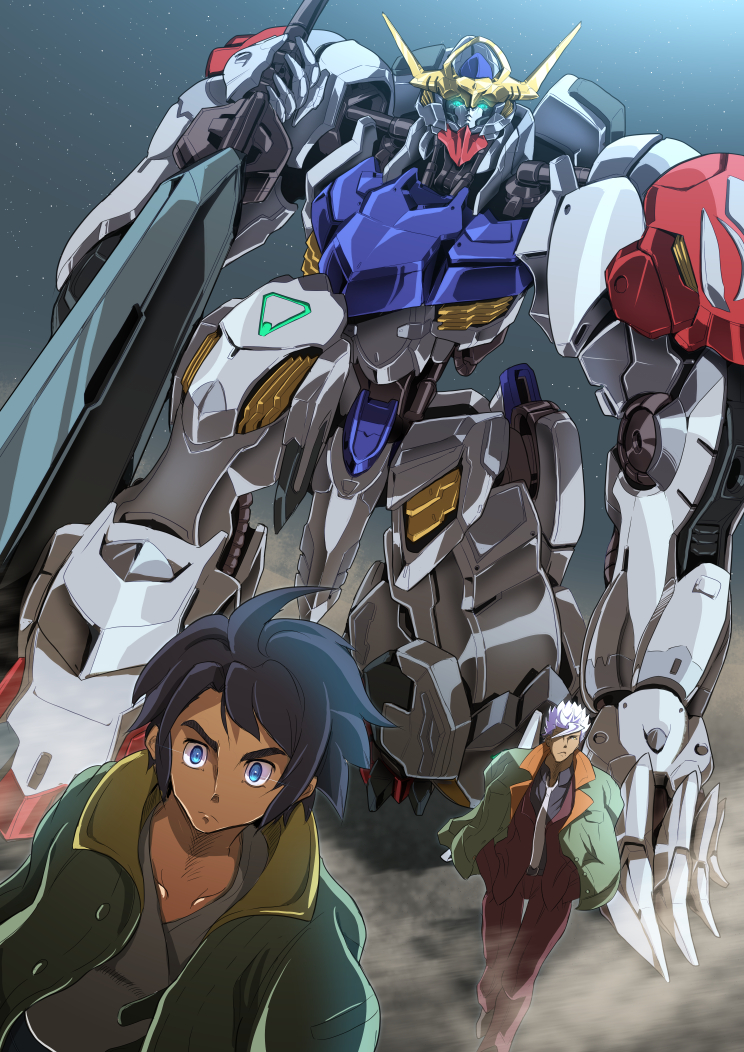 2boys, ahoge, belt, black_hair, blue_eyes, green_eyes, gundam, gundam_barbatos