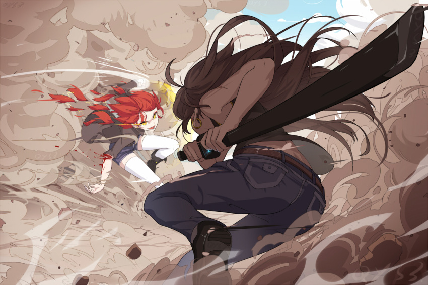 >:d, 2girls, :d, action, ankle_boots, back, bai_yemeng, bare_arms