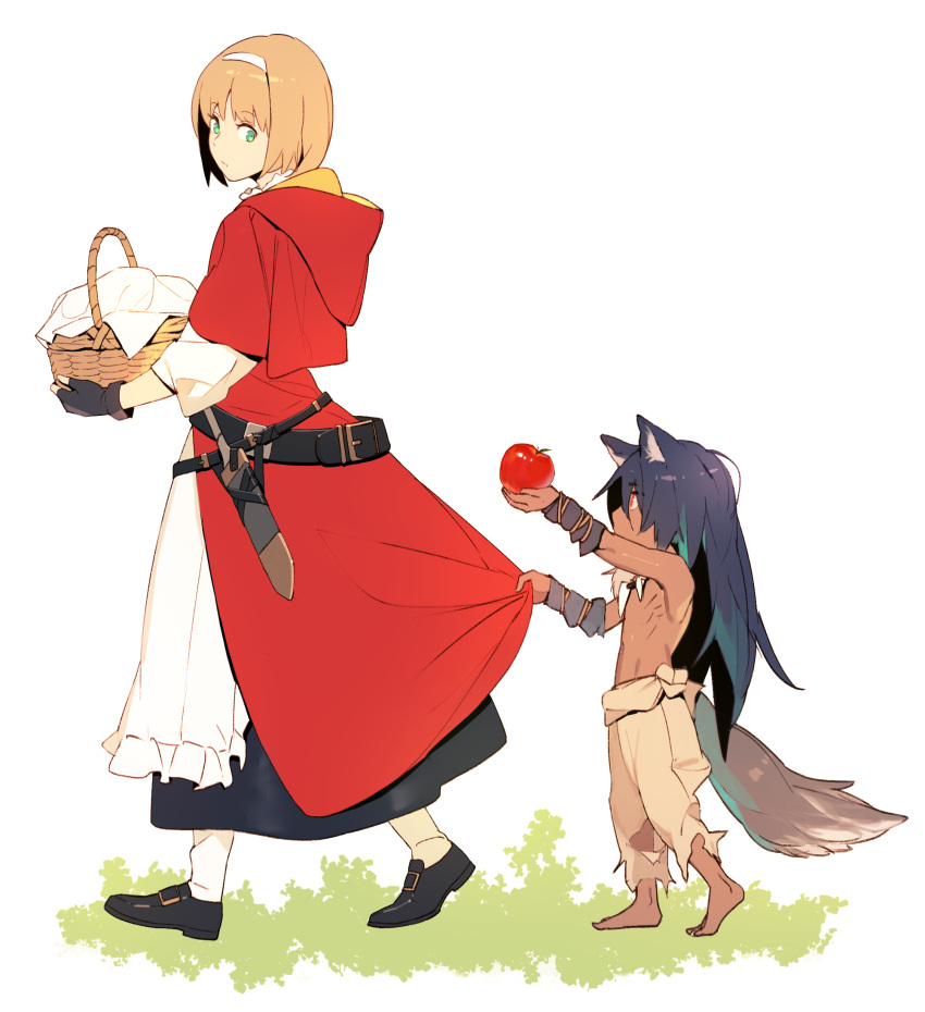 1boy, 1girl, animal_ears, apple, apron, arm_wraps, basket, big_bad_wolf_(grimm)