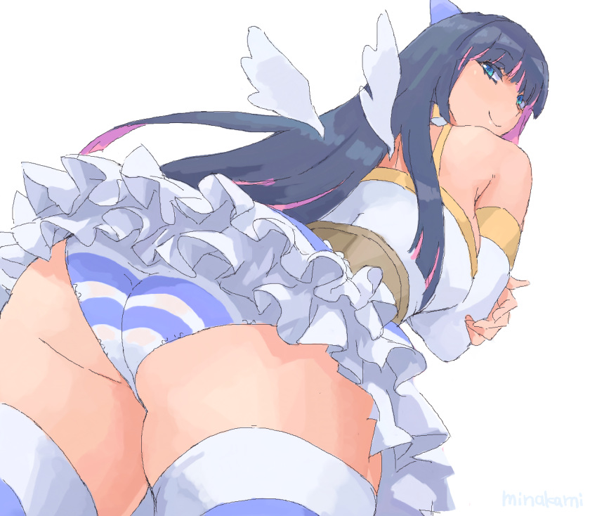 1girl, ass, bare_shoulders, blue_eyes, blue_hair, detached_sleeves, long_hair, minakami_(flyingman555)