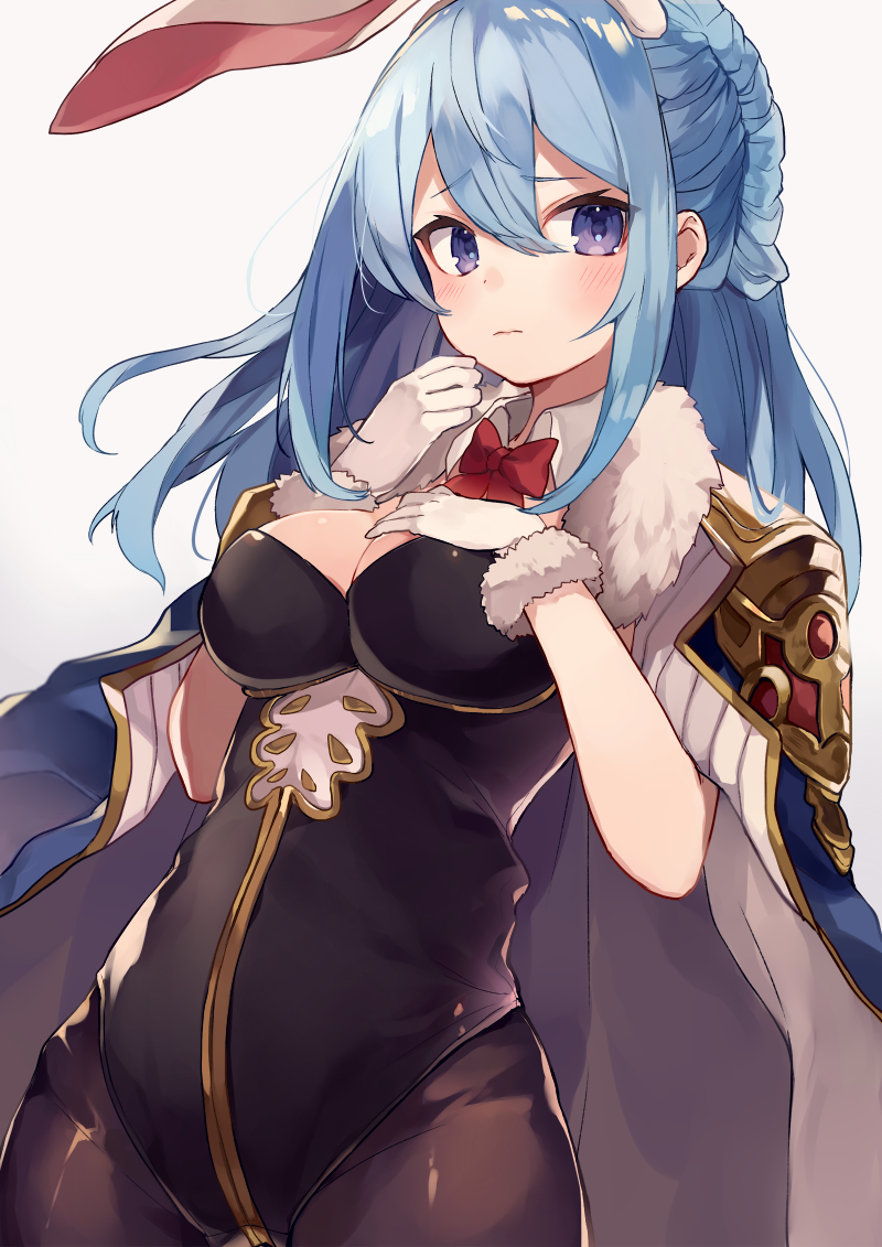 1girl, animal_ears, bangs, black_legwear, black_leotard, blue_hair, blush, bow