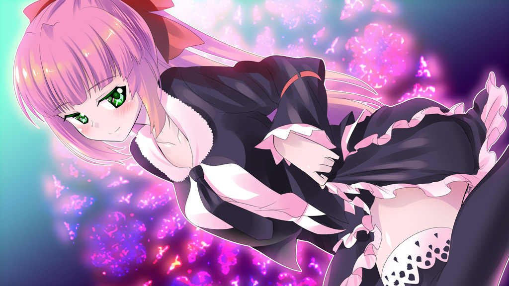 bow, collarbone, come_hither, dutch_angle, face, green_eyes, hair_bow, kneeling