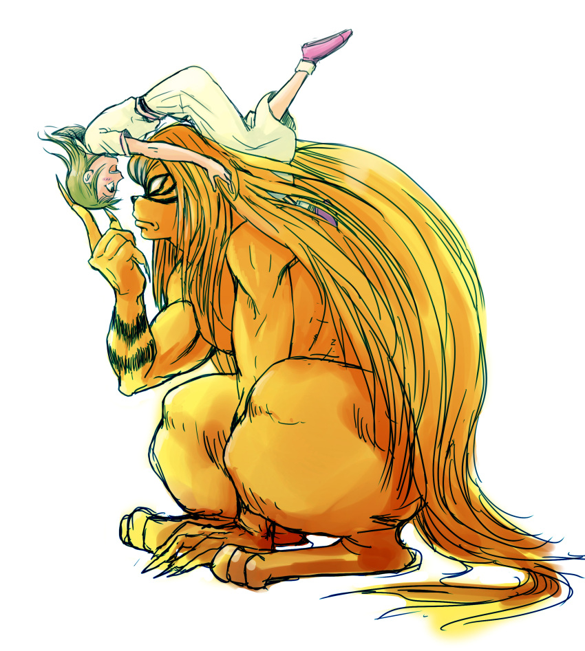 1boy, 1girl, absurdres, blonde_hair, claws, eye_contact, highres, inoue_mayuko, long_hair, looking_at_another, monster, nasunoshoga, orange_hair, size_difference, sketch, smile, tora_(ushio_to_tora), upside-down, ushio_to_tora, very_long_hair