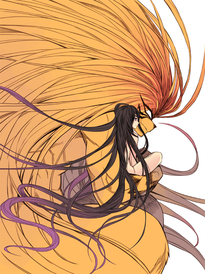 2boys, aotsuki_ushio, black_hair, carrying, long_hair, monster, multiple_boys, nude, orange_hair, size_difference, tora_(ushio_to_tora), ushio_to_tora, very_long_hair, winterseoya