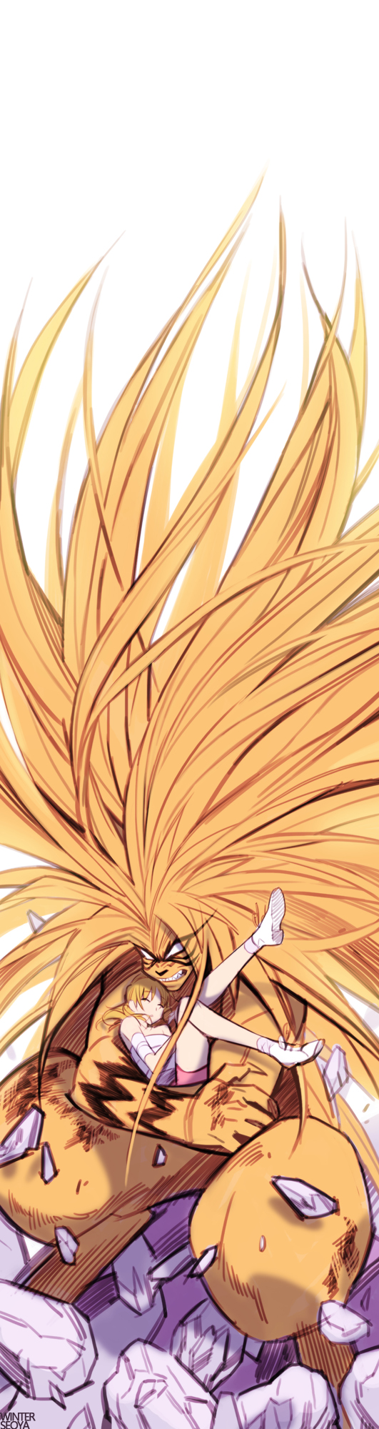 1boy, 1girl, bandages, blonde_hair, carrying, closed_eyes, highres, inoue_mayuko, long_hair, monster, size_difference, tora_(ushio_to_tora), ushio_to_tora, very_long_hair, winterseoya