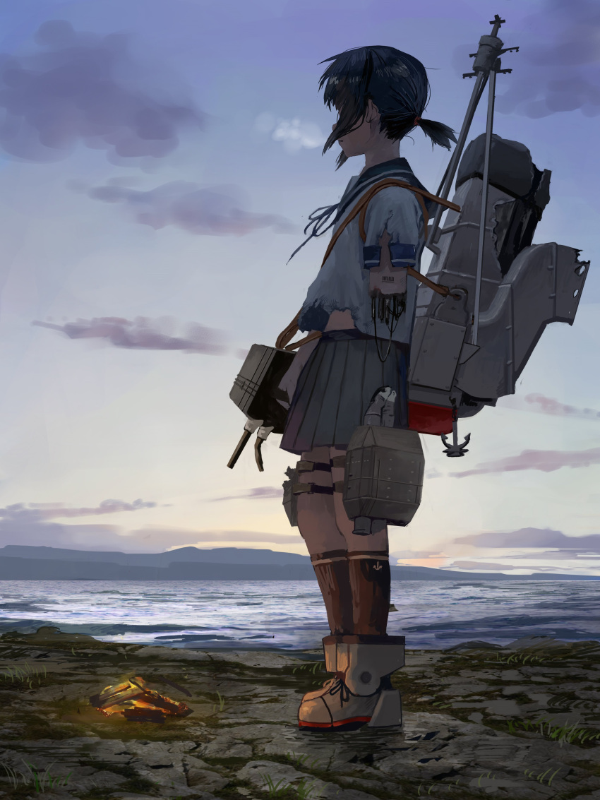 1girl, absurdres, amputee, anchor, anchor_symbol, black_hair, bonfire, boots