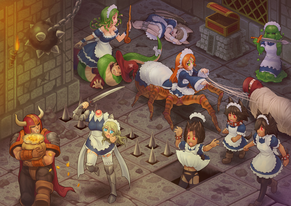 >:o, 3boys, 6+girls, :o, animal_ears, arachne, armor, bag
