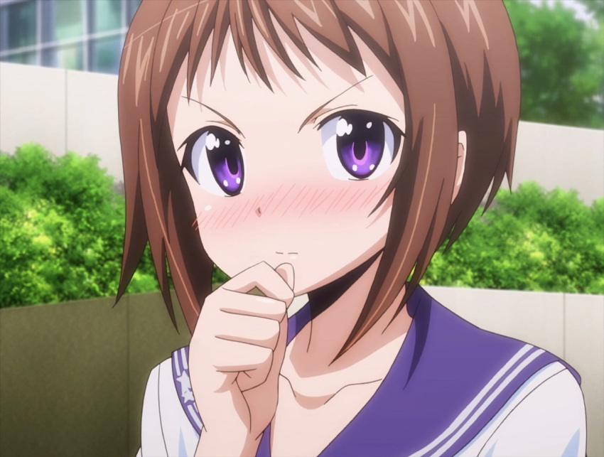 1girl, brown_hair, okusama_ga_seito_kaichou!, school_uniform, screencap, short_hair, solo, violet_eyes