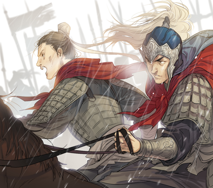 2boys, armor, brown_eyes, brown_hair, flag, guo_jia, hakari1909, helmet, horse, multiple_boys, original, polearm, rain, riding, romance_of_the_three_kingdoms, spear, sweat, weapon, zhang_liao