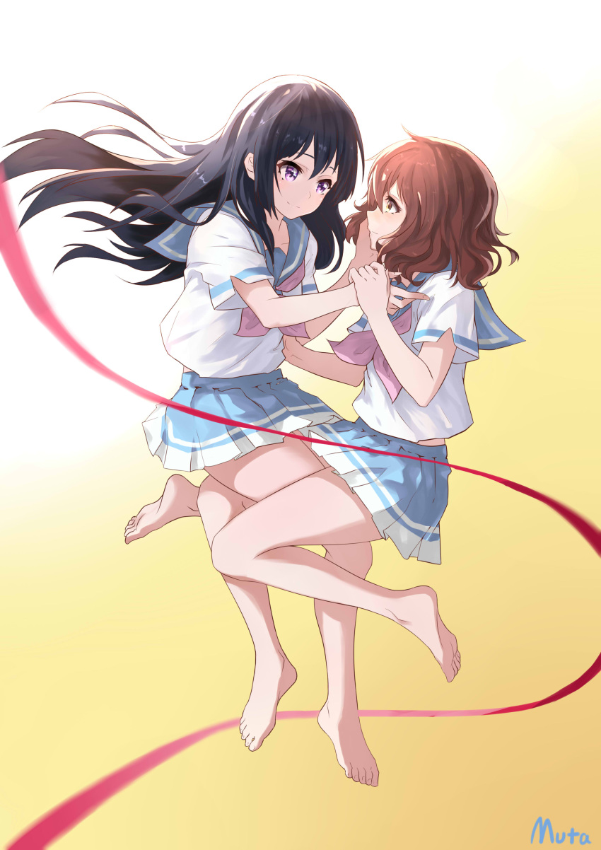 2girls, absurdres, bare_legs, barefoot, black_hair, brown_eyes, brown_hair, eye_contact