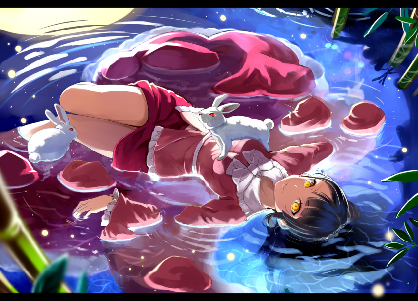 1girl, afloat, animal, animal_on_chest, bamboo, bangs, black_border, black_hair