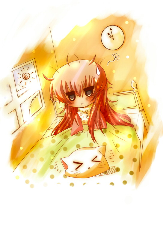 animal_hat, bed, blush, cat_hat, clock, hat, megurine_luka, megurine_luka_(toeto)