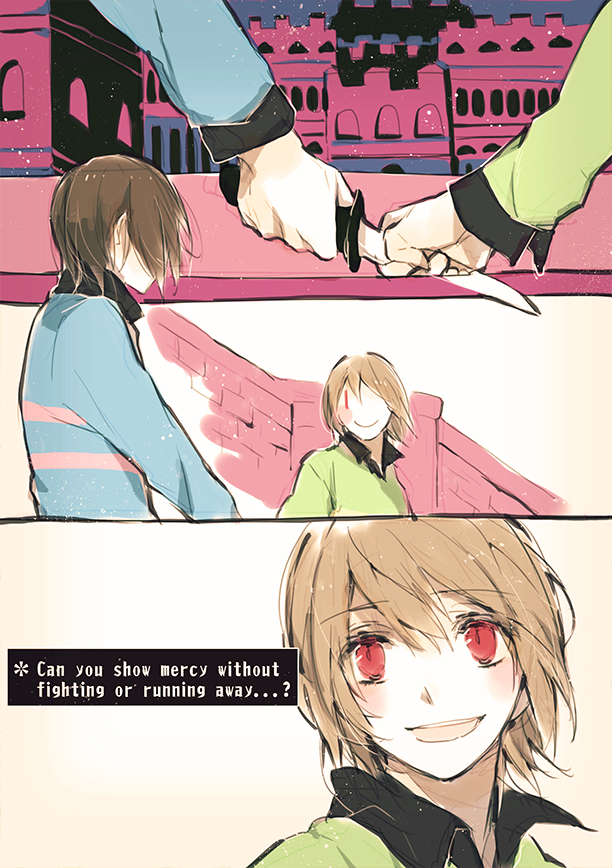 :d, androgynous, bangs, black_hair, brick_wall, brown_hair, building, chara_(undertale)