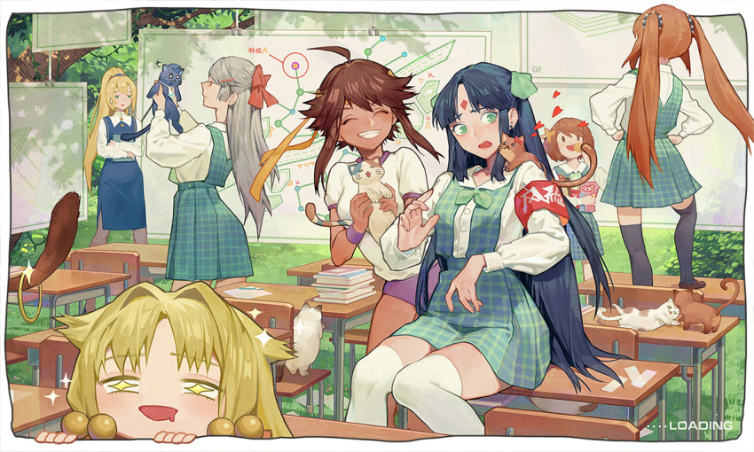 6+girls, ahoge, armband, blonde_hair, blue_hair, brown_hair, cao_cao, cat