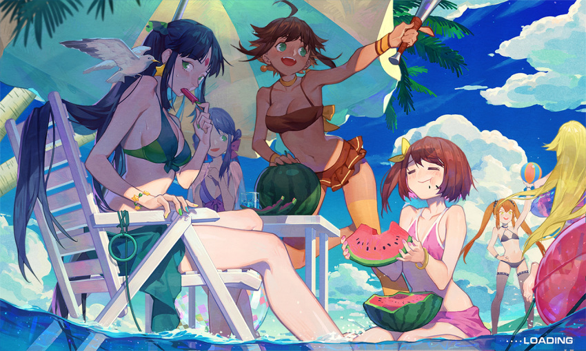 6+girls, ahoge, ball, beachball, bikini, bird, blonde_hair, blue_hair