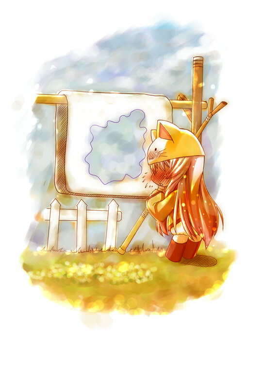 bedwetting, blush, cat_hat, chibi, embarrassed, hat, megurine_luka, megurine_luka_(toeto)