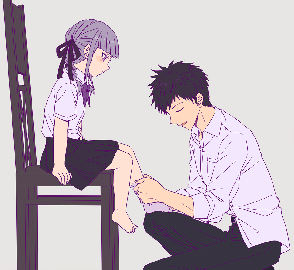 1boy, 1girl, blush, braid, dangan_ronpa, dangan_ronpa_kirigiri, hair_ribbon, kirigiri_jin