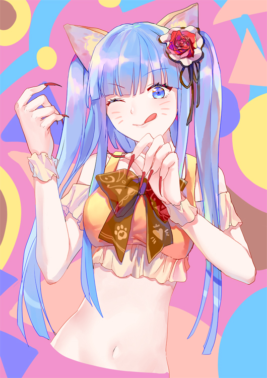 1girl, ;q, animal_ears, augetsix, blue_eyes, blue_hair, bow, cat_ears