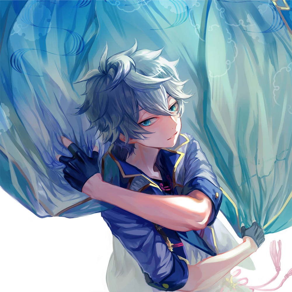 1boy, black_gloves, blue_eyes, ensemble_stars!, fingerless_gloves, gloves, green_hair, looking_at_viewer, male_focus, saharan, sena_izumi_(ensemble_stars!), short_hair, solo