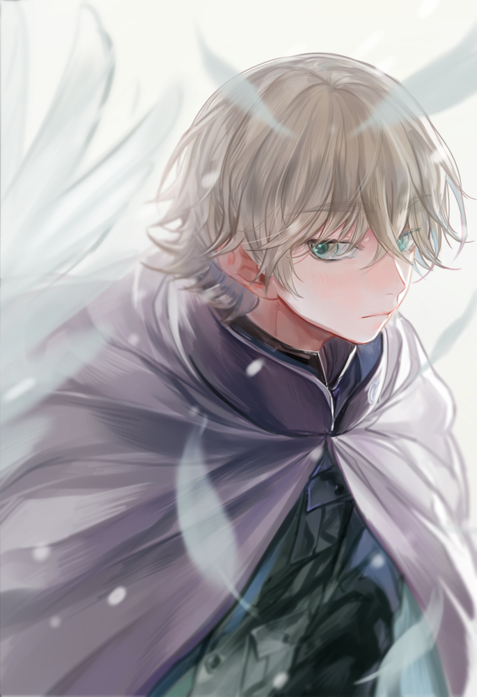 1boy, blonde_hair, cape, closed_mouth, ema_yuzuru, feathers, green_eyes, male_focus