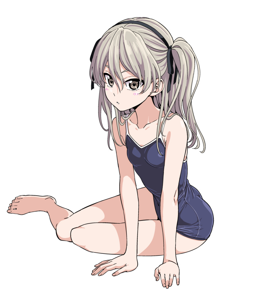 1girl, arm_support, bare_shoulders, blush, breasts, brown_eyes, brown_hair, collarbone