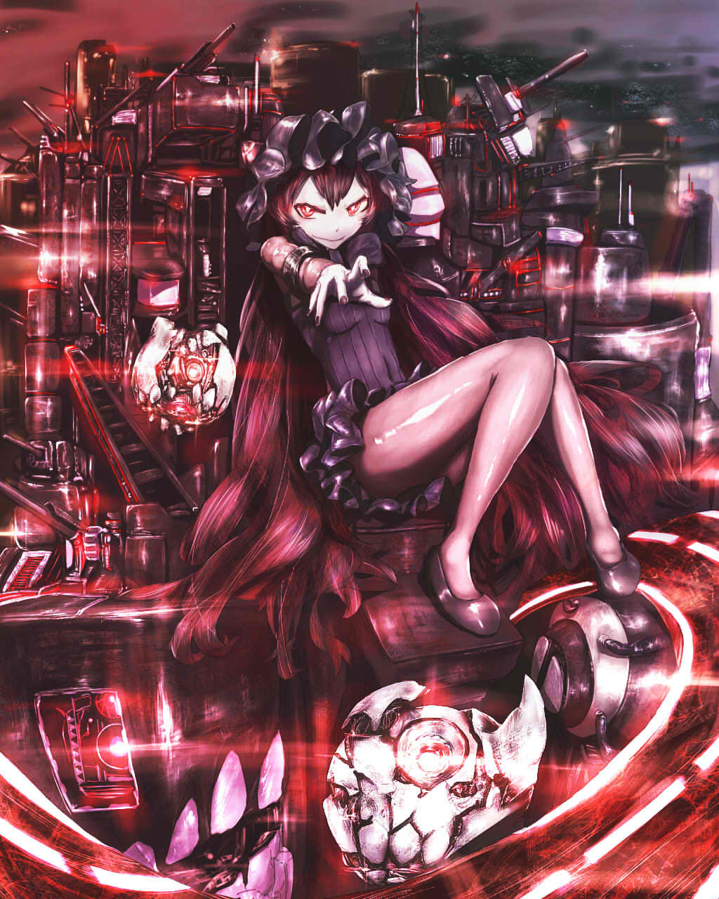 1girl, black_dress, black_hair, black_legwear, black_nails, bodystocking, bonnet, breasts